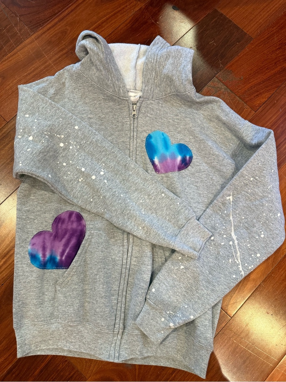 Kids Grey Zip-Up Hoodie with Blue & Purple Heart Patches